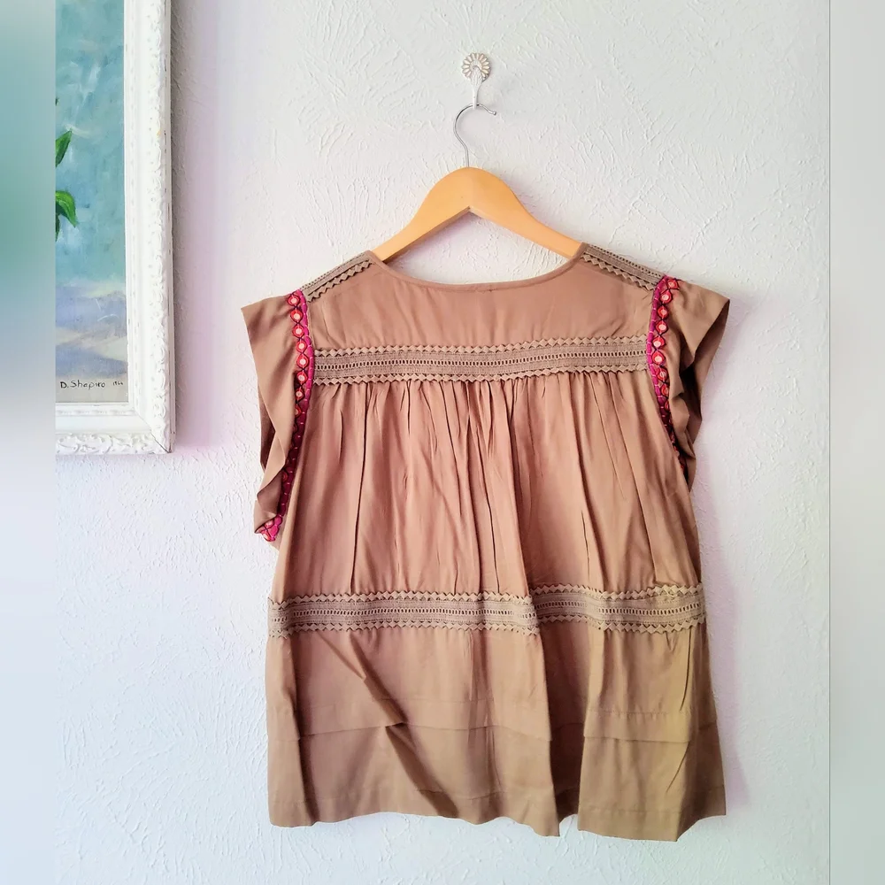 Anthropologie - Embroidered Top with Puka Shells, Beading & Crocheted Lace - Picture 3 of 5